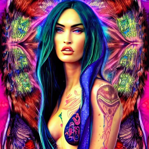 Image similar to an extremely psychedelic portrait of megan fox as lilith, surreal, lsd, face, detailed, intricate, elegant, lithe, highly detailed, digital oth, sharp focus, illustration,