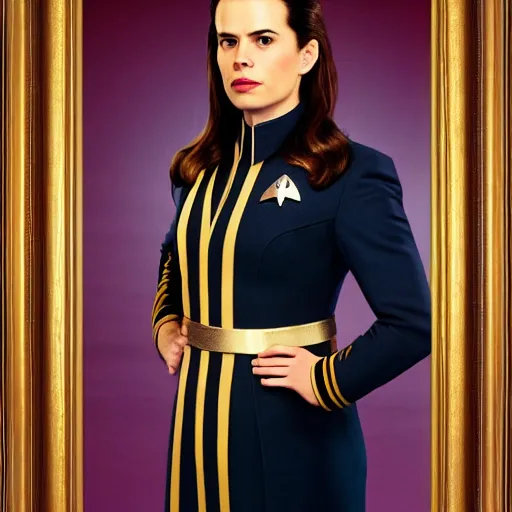 Prompt: a beautiful full body photograph of hayley atwell as a star fleet officer from star trek next generation, full dress uniform, symmetrical face, extreme realism and detail, 8 k, completely framed, direct lighting, 3 5 mm photo, photorealistic, sharp focus
