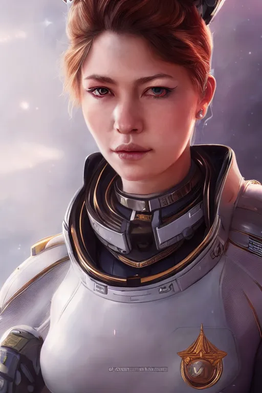 Image similar to highly detailed portrait of a female starship captain wearing a fancy uniform, detailed eyes, art by wlop and artgerm, spaceship environment, trending on artstation, sharp focus, illustration, caustics, octane render, 4 k, radiant light