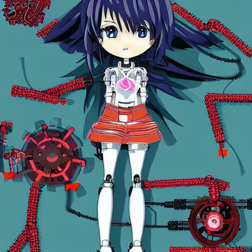 Image similar to Anime manga robot!! Anime girl, cyborg girl, exposed wires and gears, fully robotic!! girl, manga!! in the style of Junji Ito and Naoko Takeuchi, cute!! chibi!!! Schoolgirl, epic full color illustration