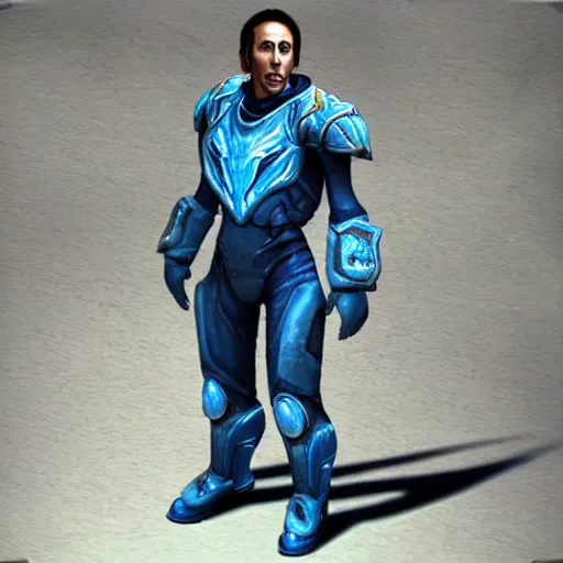 Prompt: Nicolas Cage wearing Powered Combat Suit in Starcraft.