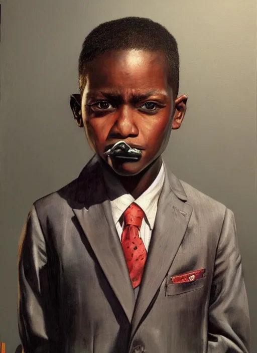 Image similar to portrait of a 7 year old child gang leader, dark gritty, wearing a suit, smoking, very detailed eyes, hyperrealistic, very detailed painting by Glenn Fabry, by Joao Ruas, by Artgerm