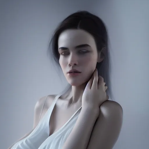 Image similar to a close up of a woman in white, dslr, 8 k, octane beautifully detailed render, cold lighting, cinematic lighting, white background, detailed photo, masterpiece, volumetric lighting, ultra realistic, highly detailed, high quality, lossless, photorealistic, grayscale