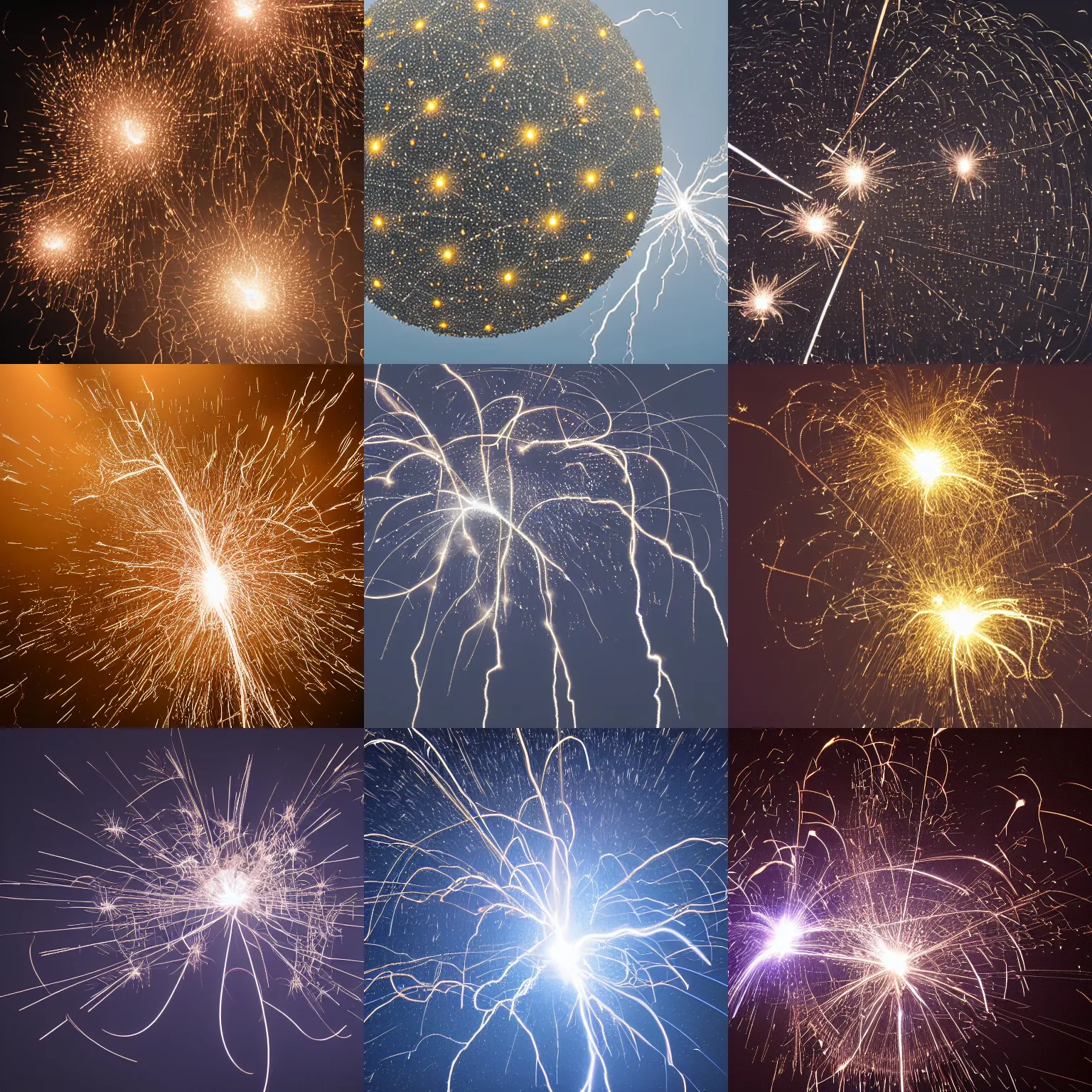 Prompt: cluster of metallic spheres with sparks and lightning