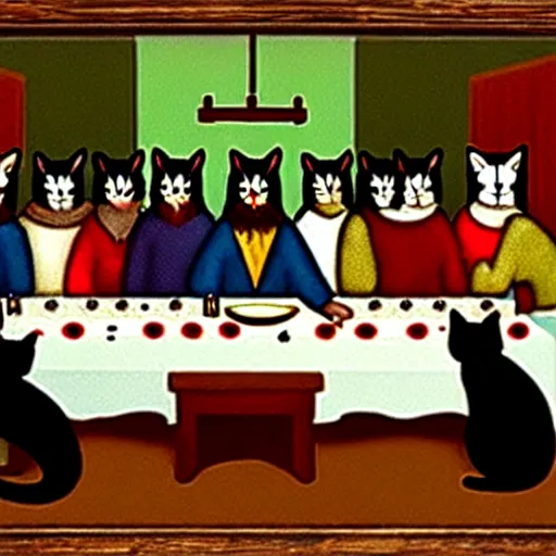 Image similar to the last supper but instead it's cats