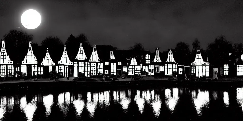 Prompt: Dutch houses along a river, silhouette!!!, Circular white full moon, black sky with stars, lit windows, stars in the sky, b&w!, Reflections on the river, a man is punting, flat!!, Front profile!!!!, (high contrast), HDR, soft!!, street lanterns, 1904, illustration, shadowy figures
