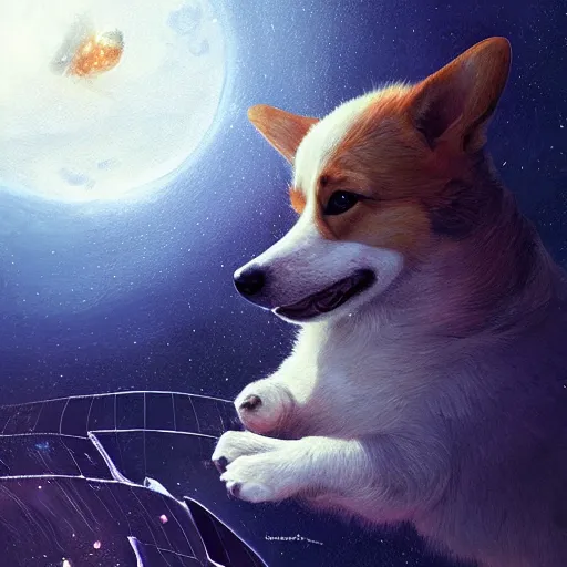 Prompt: an extremely cute corgi puppy cosmonaut exploring an alien planet, highly detailed digital painting, greg rutkowski