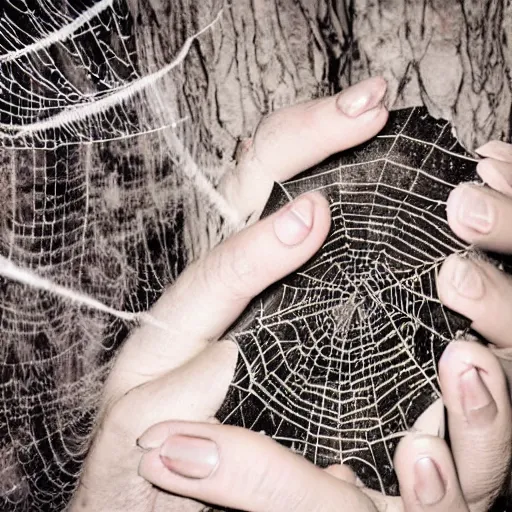 Prompt: Photo of a witch\'s wrinkled hand with long fingernails holding an ancient grimoire with a scary logo covered in spiderweb in a cursed forest