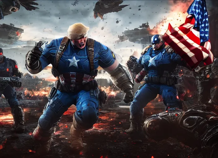 Image similar to trump as captain america in gears of war, splash art, movie still, cinematic lighting, ray tracing, detailed face, octane render, long lens, shallow depth of field, bokeh, anamorphic lens flare, 8 k, hd, 4 k, hyper detailed, 3 5 mm film grain