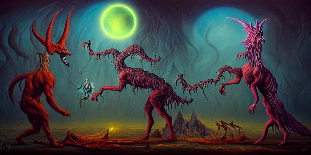 Image similar to mythical creatures and monsters in the imaginal realm of the collective unconscious, in a dark surreal painting by ronny khalil