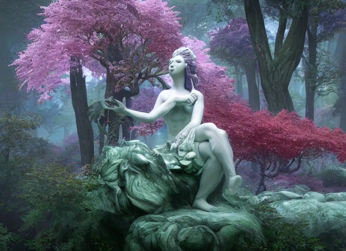 Image similar to an idealistic marble statue with fractal flowery hair, in a magical forest, painted by, mc escher, gordon onslow ford, georgia o'keeffe and ivan aivazovsky, cinematic light, god rays, colourful, unreal engine, zbrush central,