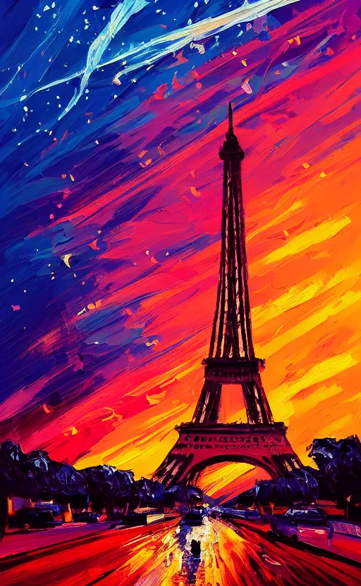 Image similar to a beautiful illustration of the eiffel tower at sunset, art of alena aenami, featured on artstation, vertical orientation, paint brush strokes, expressionism, brushstroke - laden, breathtaking clouds, birds, ocean, beautiful stars, long exposure, gigantic sun, airy theme, red purple gradient, lens flare