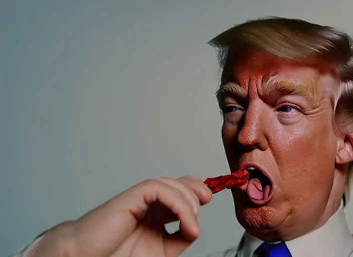 Image similar to cinematic screenshot of trump eating wads of crumpled paper in his mouth, screenshot from the tense thriller film ( 2 0 0 1 ) directed by spike jonze, dramatic backlit window, volumetric hazy lighting, moody cinematography, 3 5 mm kodak color stock, 2 4 mm lens, ecktochrome