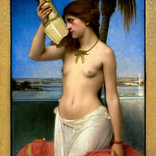 Image similar to Girl with a blood dripping chalice at the palace, thunderstorm, pool, beach and palm trees on the background major arcana sky, by paul delaroche, alphonse mucha and arnold böcklin arnold böcklin hyperrealistic 8k, very detailed