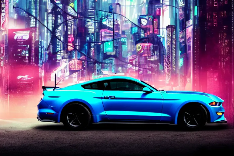 Image similar to ford mustang in cyberpunk city