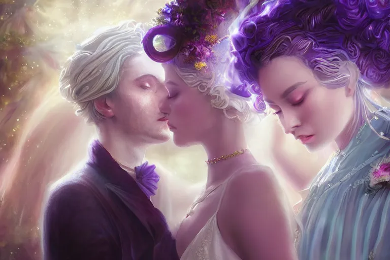 Image similar to a dreamlike cinematic portrait of wedding photograph close up moment of a divine a russia sun god and moon goddess lovers magician at a wedding banquet. portraiture. digital painting. artstation. concept art. fantasy wedding photo. digital painting, 8 k realistic, hyper detailed, violet evergarden art masterpiece by art by krenz cushart