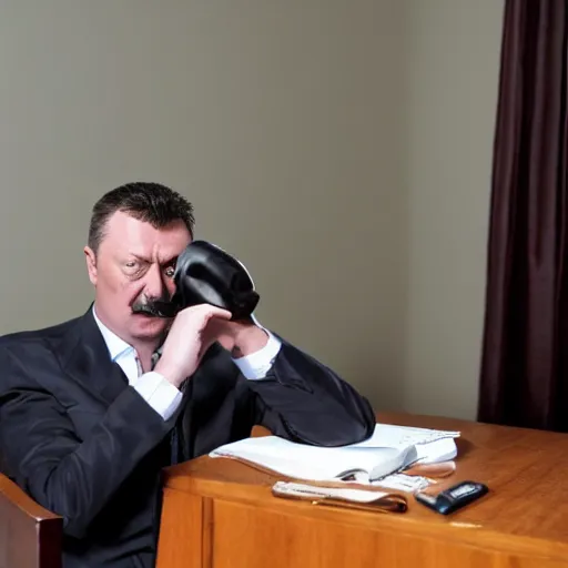 Prompt: Igor Ghirkin Strelkov as The American Psycho, sweating hard, staring schizophrenically, cinematic still