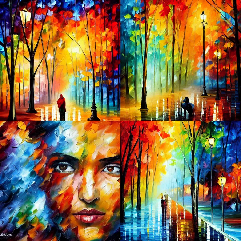 Prompt: The painting combines elements of both abstraction and figuration, creating a unique and powerful image. The bright colors and bold lines are eye-catching, and the subject matter is both mysterious and intriguing. The painting is both beautiful and thought-provoking. Kai Fine Art by Leonid Afremov, by Guy Billoutread