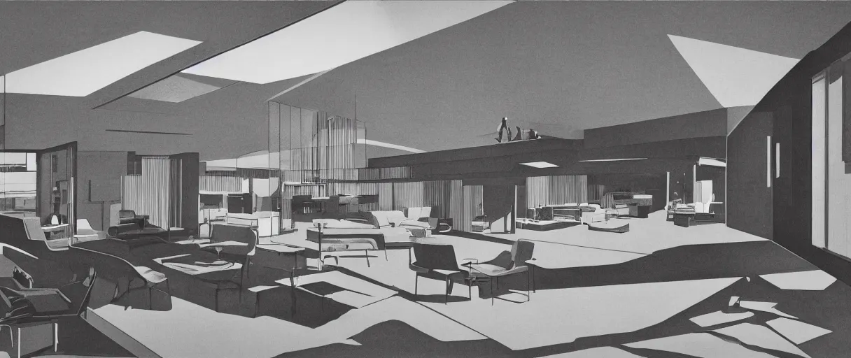 Prompt: midcentury architecture. wide shot. imagined by ken adam.