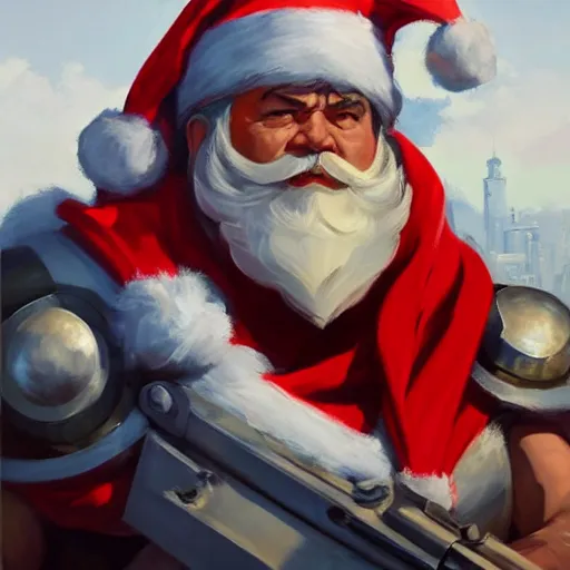 Image similar to greg manchess portrait painting of fully armored santa claus as overwatch character, medium shot, asymmetrical, profile picture, organic painting, sunny day, matte painting, bold shapes, hard edges, street art, trending on artstation, by huang guangjian and gil elvgren and sachin teng