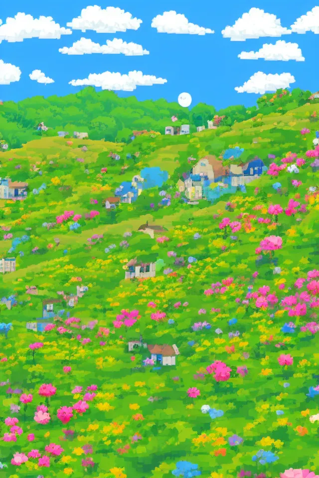 Image similar to a countryside in spring, green hills and blue sky with patches of clouds, nature in all its beauty, some houses in the background, star - shaped flowers in the foreground, we can see the sea, pixel art, detailed,