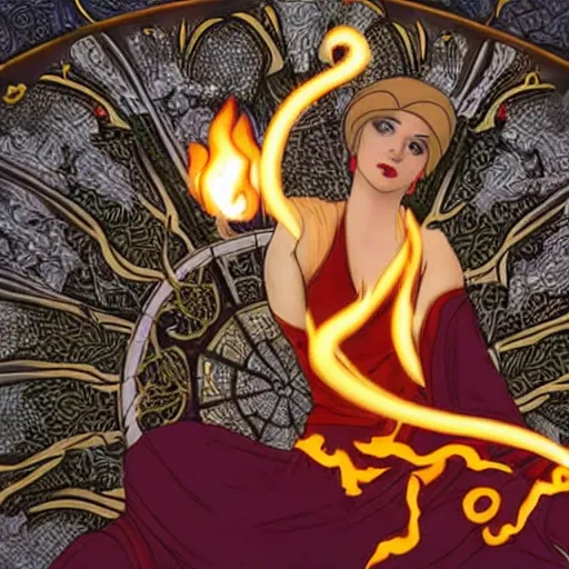 Image similar to art nouveau still of Princess Ursa performing a firebending healing session