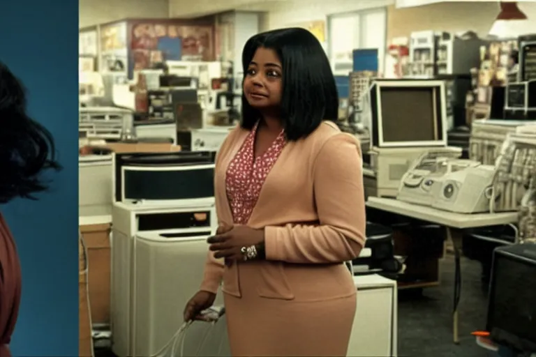 Image similar to cinematic screenshot of octavia spencer in a used electronics store standing in front of an old keyboard, iconic scene from the paranoid sci fi thriller film directed by pt anderson, apartment set in the near future, cinematic shot with anamorphic lenses, color theory, apartment design, leading lines, photorealistic, volumetric lighting, 2 0 2 2 4 k film