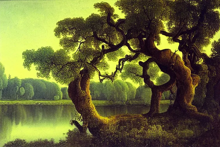 Image similar to painting of a old tree next to a meandering river by alexei savrasov