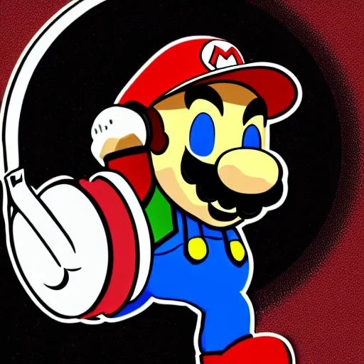 Image similar to svg sticker of a Pop-Wonder SuperMario, Mario-Wearing-a-red-hat, at a rave, spinning records, giant headphones rocking out, wearing headphones, huge speakers, dancing, rave, DJ, spinning records, digital art, amazing composition, rule-of-thirds, award-winning, trending on artstation, featured on deviantart