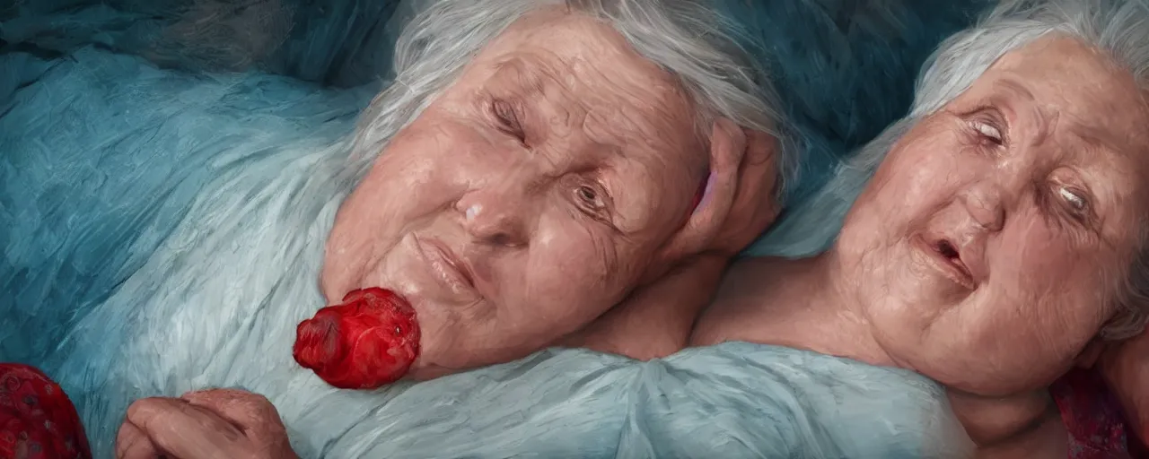 Prompt: a beautiful cinematic poetic scene, full body, of an old sweet fat lady, with a red mouth, blue eyes, lying on a fancy bed. clear face. subsurface scattering shiny skin. beautiful lighting, 4 k post - processing, trending in art station, cg society, highly detailed, 5 k extremely detailed, 3 d. cinematic scene. sharp image.