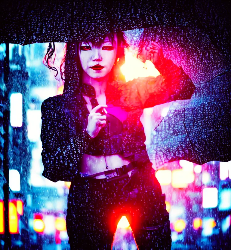 Image similar to a photo close up cyberpunk woman dancing in the rain, cyberpunk hiroshima, prefecture streets, sunset, photorealistic, cinematic lighting, highly detailed, bokeh, style by tomino - sama