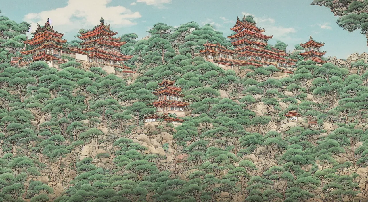 Image similar to a beautiful painting of a singular ancient Chinese palace, with a garden, in the style of anime, by Studio Ghibli