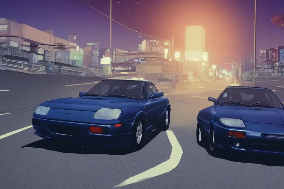 Prompt: aesthetic illustration of ryosuke takahashi with black hair wearing a dark blue shirt leaning on his white mazda rx 7 on an empty highway at dusk, cinematic lighting, initial d anime 1 0 8 0 p, detailed anime face, high detail, 9 0 s anime aesthetic, volumetric lights, rule of thirds, unreal engine 5 render, pinterest wallpaper, trending on artstation