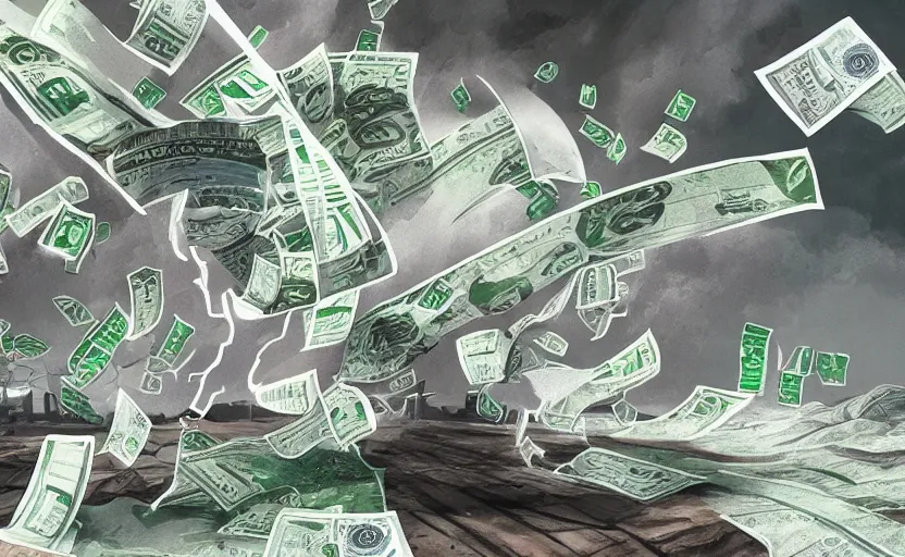 Image similar to A tornado made of cash and Ethereum, landscape art, concept art, intense