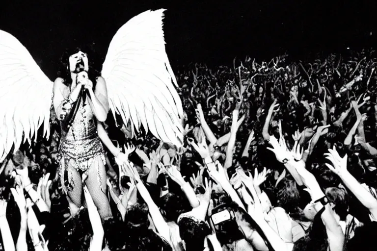 Image similar to freddie mercury queen singing at a death metal punk concert. mosh pit, elaborate clothing, violent rock concert yellow and white clothing, huge angel wings