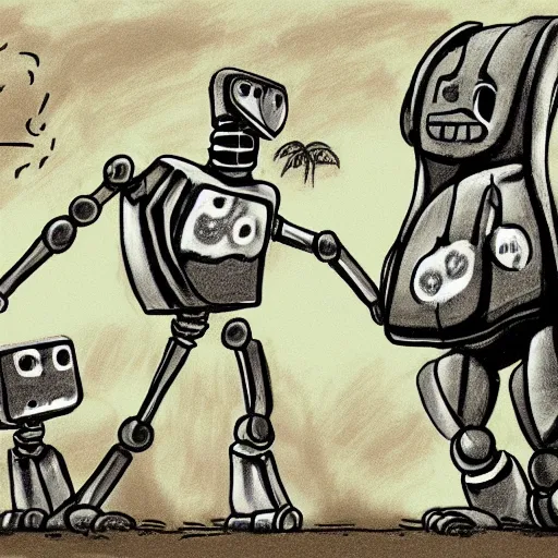 Prompt: caveman drawings. robot overlords