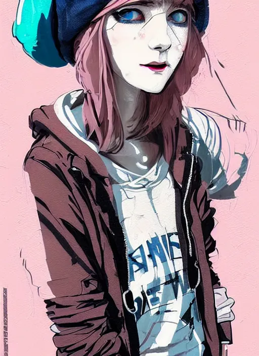 Image similar to highly detailed portrait of an american sewer punk lady student, blue eyes, tartan hoody, hat, white hair by ( ( atey ghailan ) ), by greg tocchini, by kaethe butcher, by james gilleard, gradient pink, black, brown, cream and light blue color scheme, grunge aesthetic!!! ( ( graffiti tag wall ) )