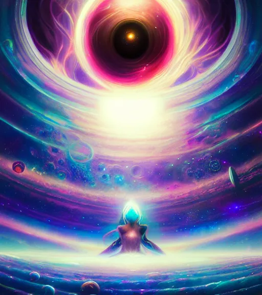 Image similar to cosmic travelers, planets and stars, psychedelic blackhole swirled imagery by artgerm, cushart krenz, greg rutkowski, mucha. space art. lucien rudaux, cosmos, vivid colors, sharp edges. ultra clear detailed. 8 k. elegant, intricate, octane render