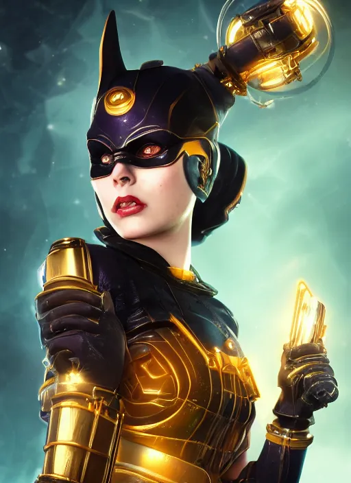 Image similar to cosmic divine bioshock batgirl portrait, hyper detailed, digital art, trending in artstation, cinematic lighting, studio quality, smooth render, unreal engine 5 rendered, octane rendered, art style by klimt and nixeu and ian sprigger and wlop and krenz cushart.