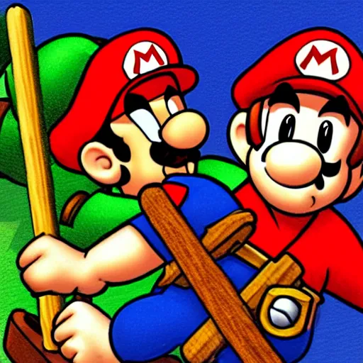 Image similar to medieval mario holding an axe, godfalls background