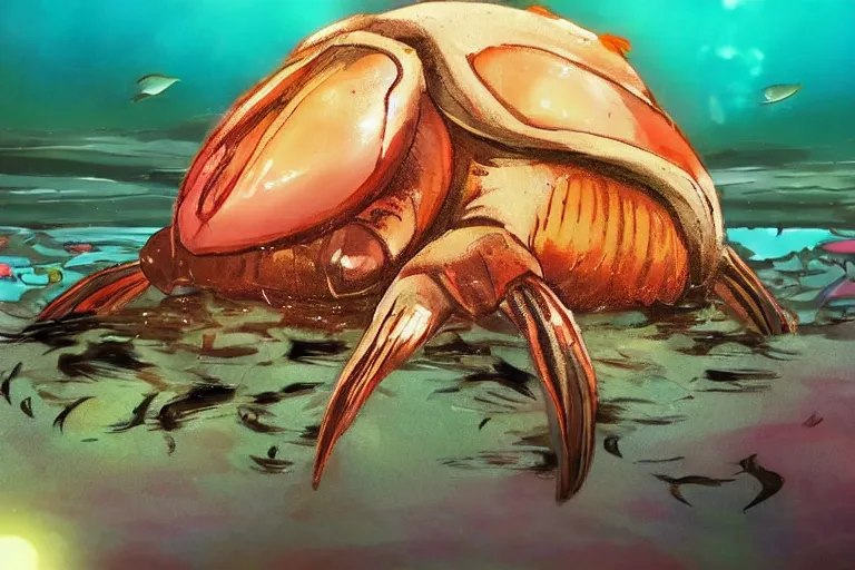 Image similar to cute anime - horseshoecrab underwater, in 2 0 1 2, bathed in the the glow of a crt television, crabcore, low - light photograph, anime key art