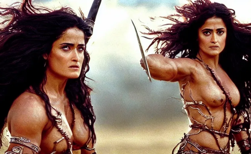 Prompt: epic photo of muscular salma hayek as beautiful barbarian warrior princess with long curly black hair blowing in the wind in a battle scene with hundreds of warriors behind her, sweaty, detailed eyes, neutral expression, depth of field, photorealistic, cinematic lighting, lovely bokeh, warm colours, dusk, movie quality, conan the destroyer 1 9 8 5, movie still, cinemascope