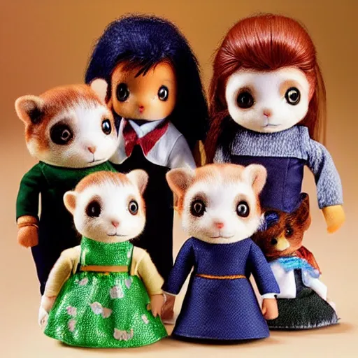 Prompt: “ calico critters, vampire, werewolf, frankenstein, miss frankenstein, product photo. ultra detailed. ”