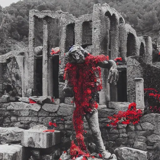 Image similar to the ruins of a village made out of stone, overgrown with red vines, with a broken stone statue of a man holding a sword in the middle of the ruins