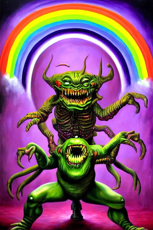 Image similar to a hyperrealistic painting of a boss fight against evil rainbow bright, cinematic horror by chris cunningham, lisa frank, richard corben, highly detailed, vivid color,