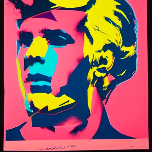 Image similar to silkscreen and lithography to create colorful cyborgs in the style of andy warhol