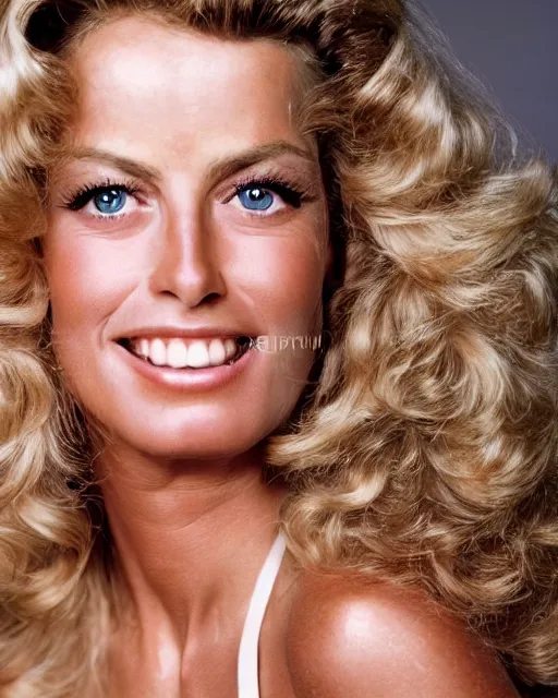 Image similar to closeup portrait of a beautiful young farrah fawcett in a sports illustrated photoshoot, rim lighting, glamour pose, hyper realistic, soft lighting,,, hd, octane, arney freytag!!!