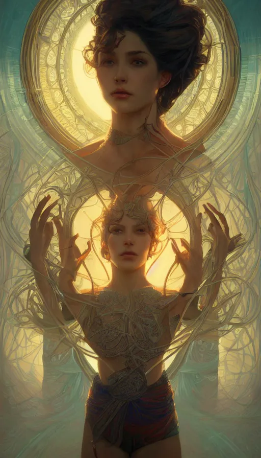 Image similar to sacrifice, neon, fibonacci, sweat drops, insane, intricate, highly detailed, digital painting, artstation, concept art, smooth, sharp focus, illustration, Unreal Engine 5, 8K, art by artgerm and greg rutkowski and alphonse mucha