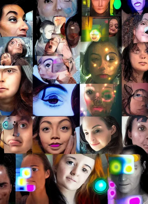 Image similar to diverse eyes! collage, teams, healing, energetic, life, hybrids, thin glowing devices, reflections, vitals visualiser!!, advanced art, art styles mix, from wikipedia, grid of styles