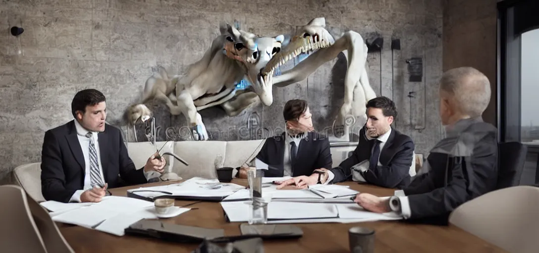 Image similar to neandetheral in suit is discussing deal with ceo of corporation, room with furniture made of mammoth skeleton and some modern day furniture, business formal atmosphere, hyperrealistic photo, business meeting, stock photo style